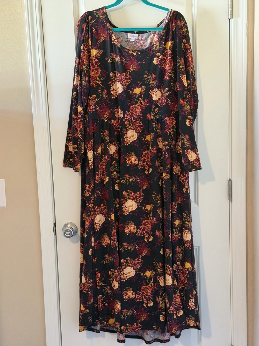 LuLaRoe Black Maxi Dress with Burgundy, Cream & Mustard Floral Print